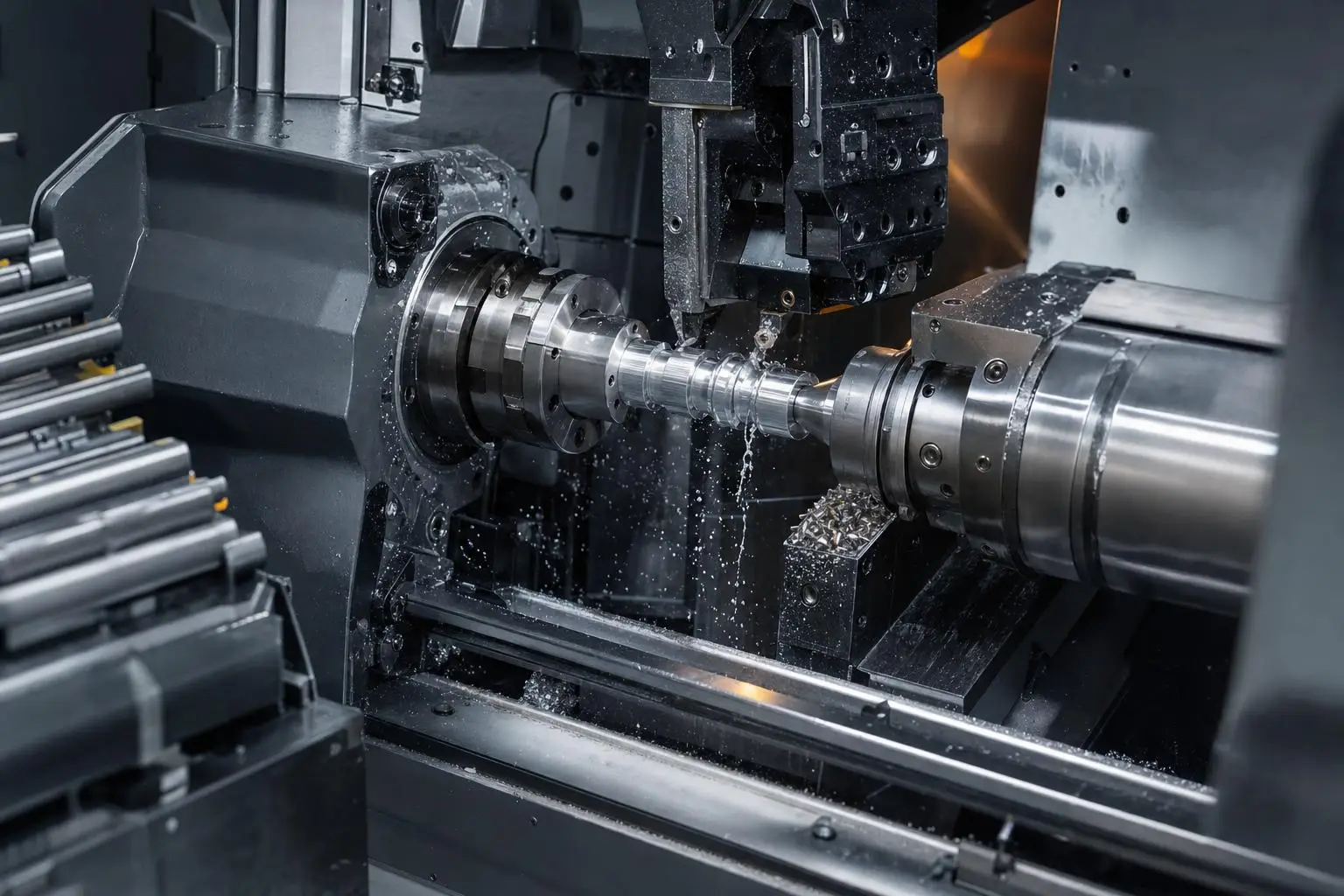 CNC-Drehmaschine bei der Bearbeitung eines Stahlteils mit Kühlmittel