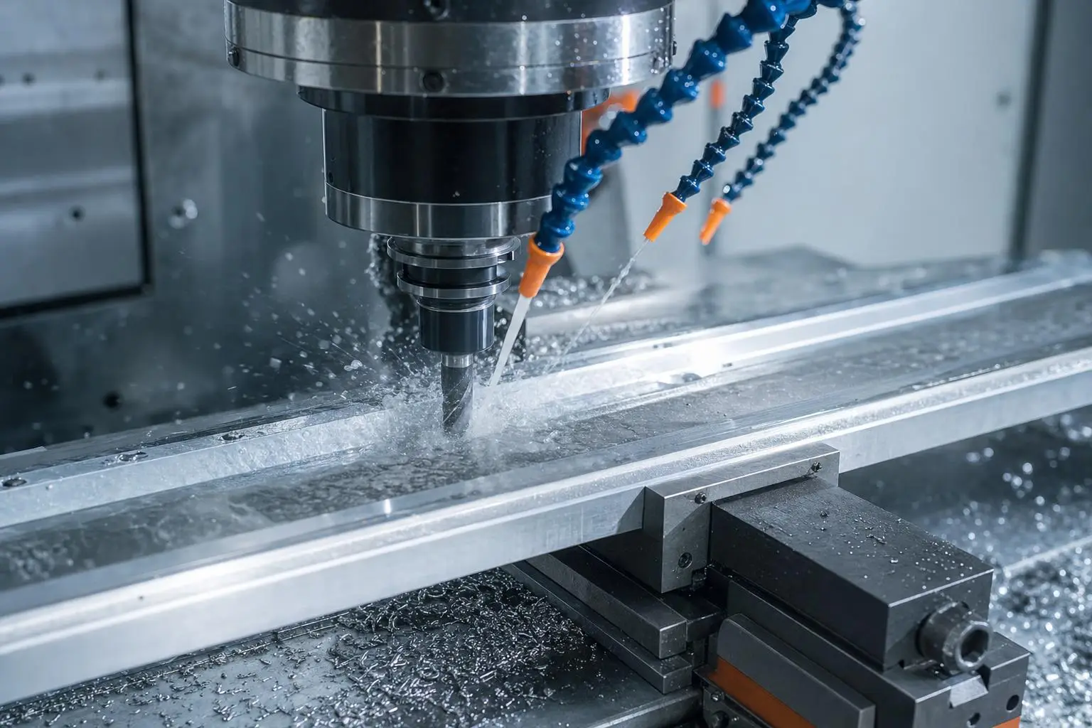 CNC-Fräsmaschine mit Fräser im Eingriff und Kühlmittelstrahl