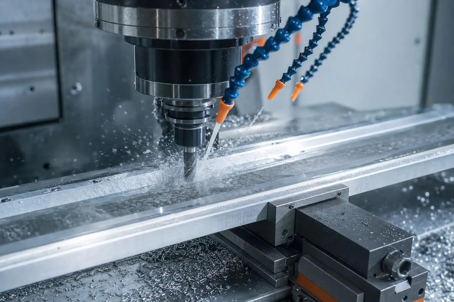 CNC-Fräsmaschine mit Fräser im Eingriff und Kühlmittelstrahl