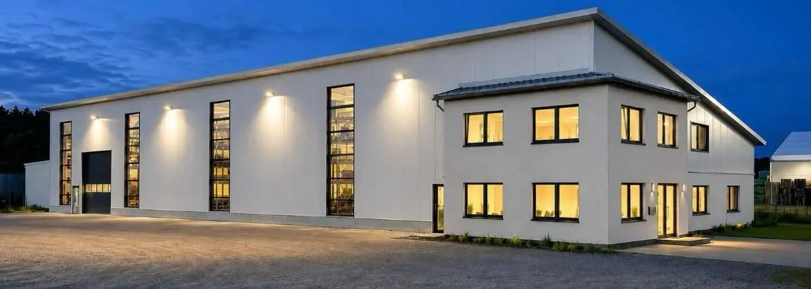 Firmengebäude von BK Metalltechnik in Altenbeken am Abend