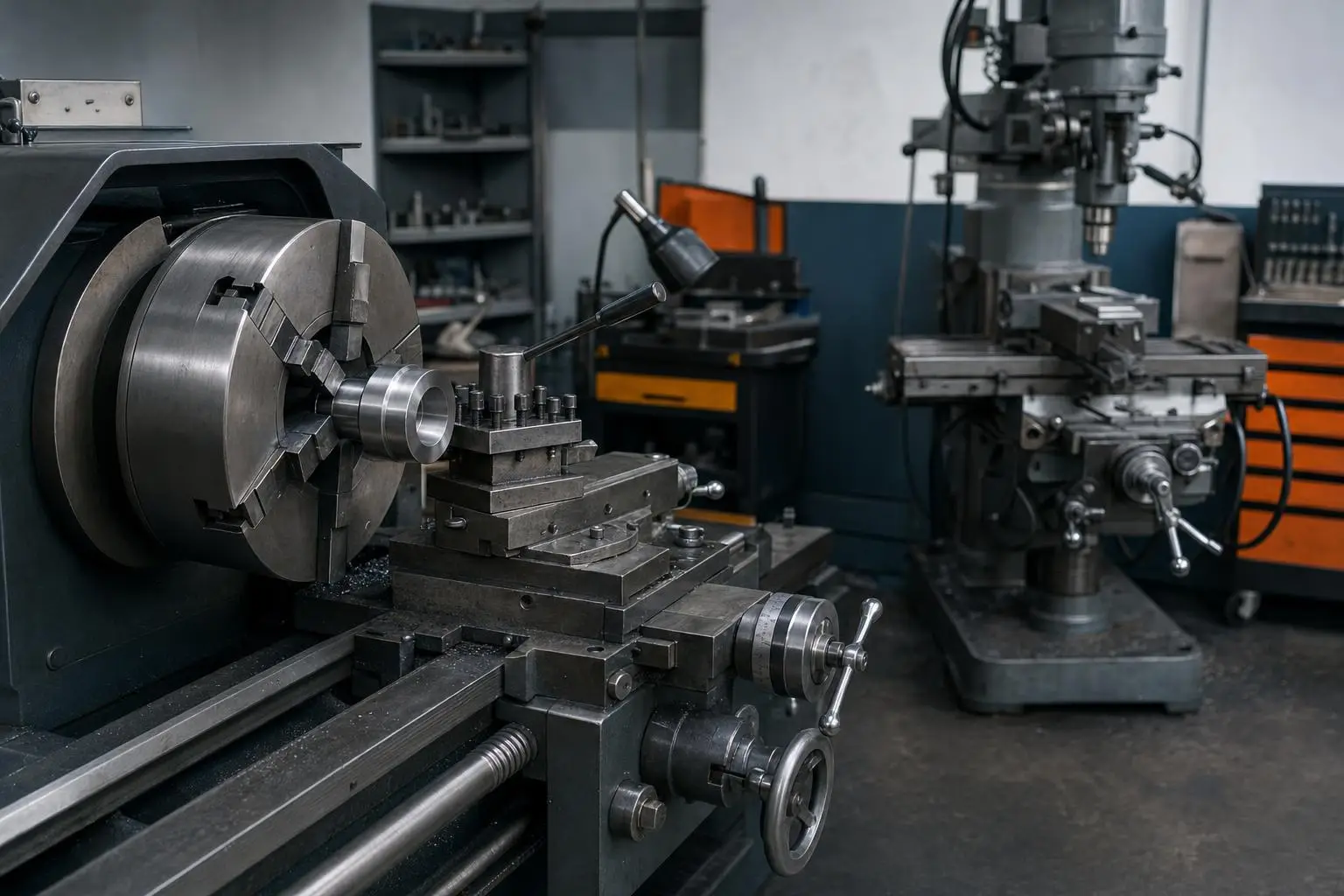 Konventionelle Drehmaschine und Fräsmaschine in der Werkstatt